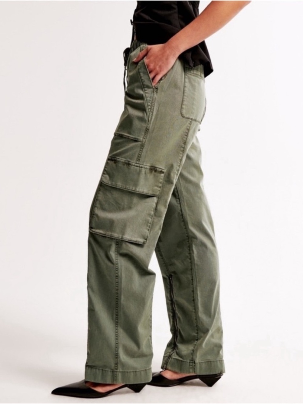 Abercrombie & Fitch Olive Green Wide Leg Baggy Cargo Pull On Pants Oversized - Picture 3 of 9